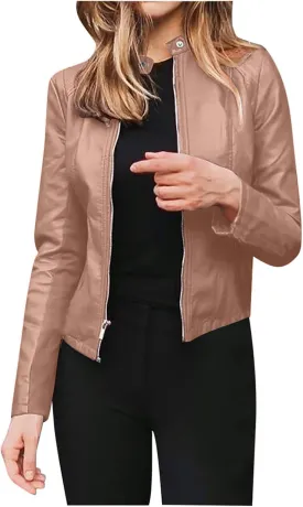 5665 Womens Winter Leather Jackets Black Zip Motorcycle Jacket Quilted Lightweight Coat Vegan Pu Leather Outerwear