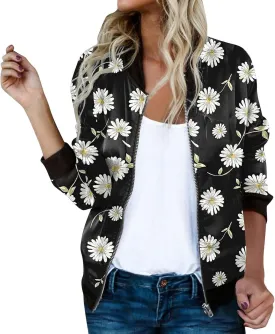 Bomber Jacket Women 2025 Floral Zip Up Zipper Sports Jackets Coats Stand Collar Causal Long Sleeve Lightweight Outerwear Tops