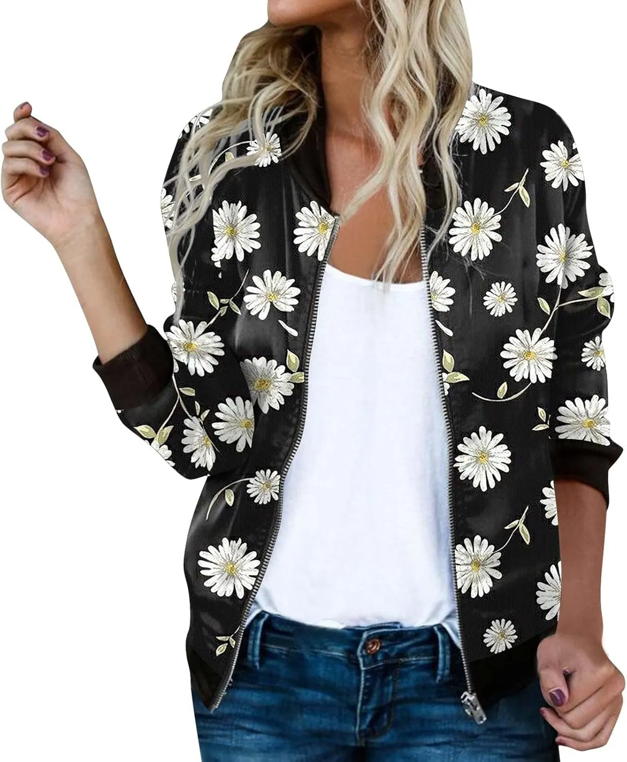 Bomber Jacket Women 2025 Floral Zip Up Zipper Sports Jackets Coats Stand Collar Causal Long Sleeve Lightweight Outerwear Tops