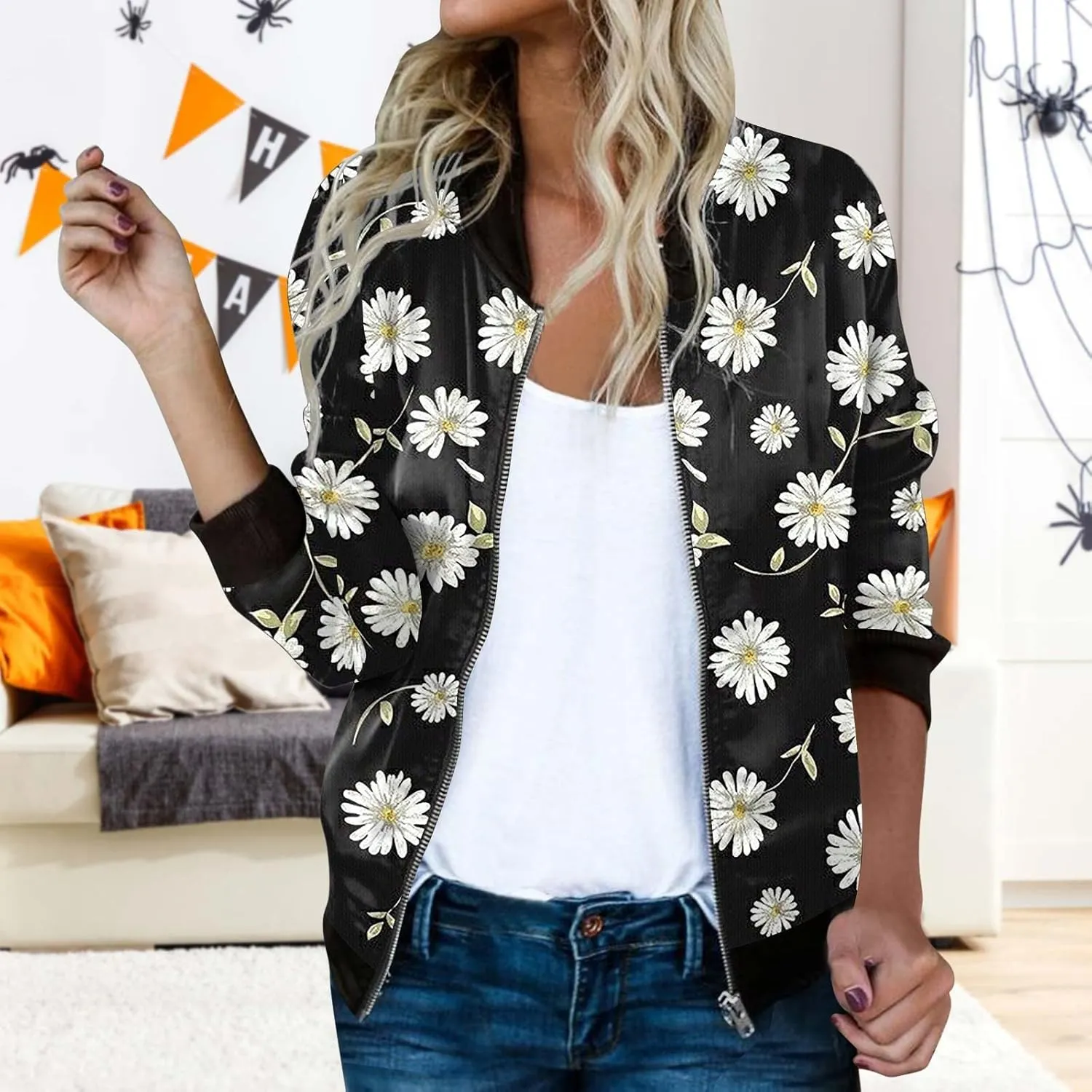 Bomber Jacket Women 2025 Floral Zip Up Zipper Sports Jackets Coats Stand Collar Causal Long Sleeve Lightweight Outerwear Tops