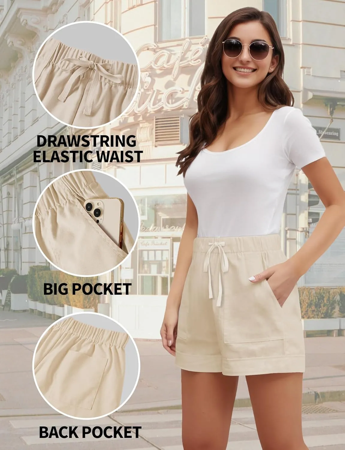 Buauty Womens Shorts, Flowy Shorts for Women Trendy, Linen Comfy Beach Elastic Waist Shorts for Casual Summer Dressy
