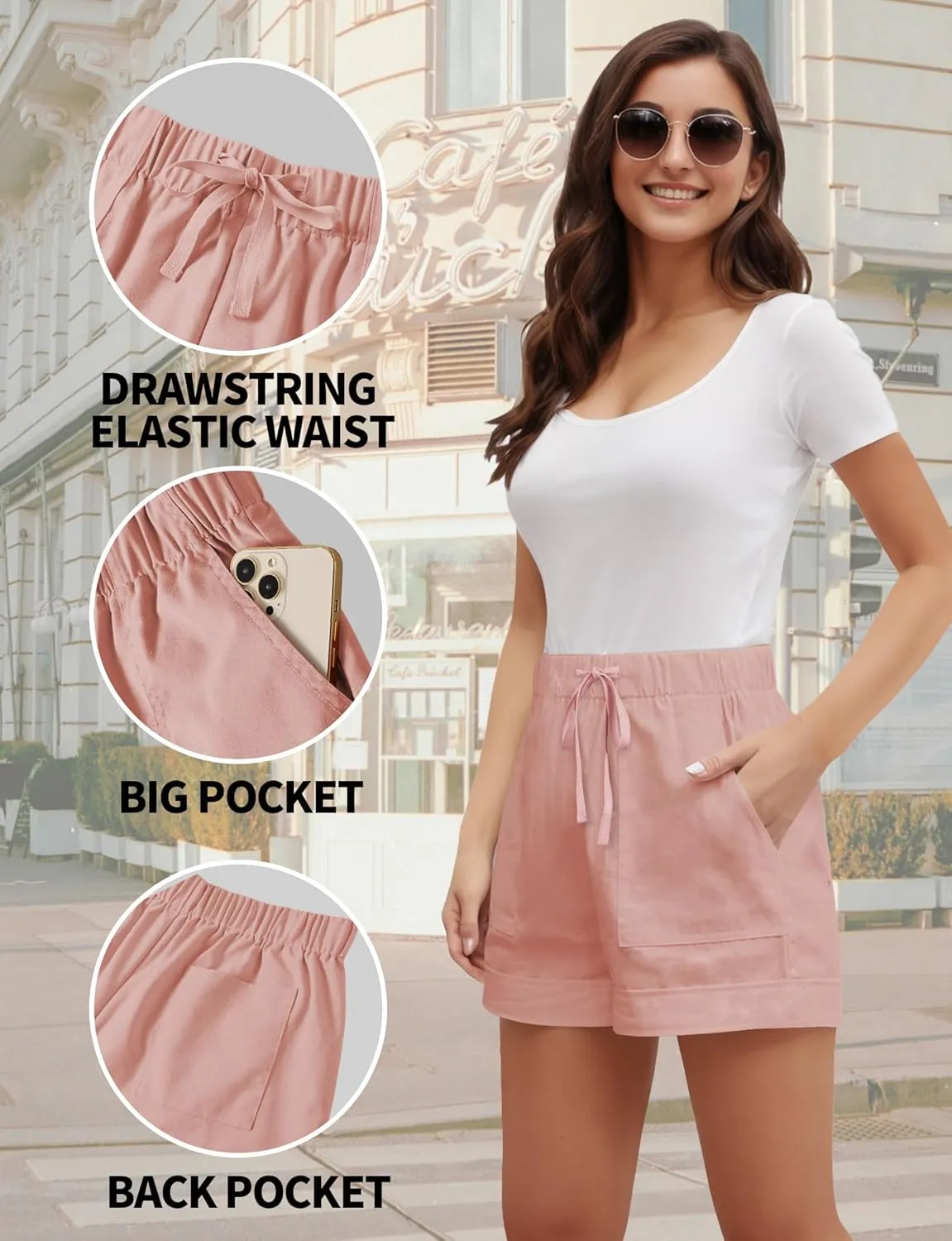 Buauty Womens Shorts, Flowy Shorts for Women Trendy, Linen Comfy Beach Elastic Waist Shorts for Casual Summer Dressy