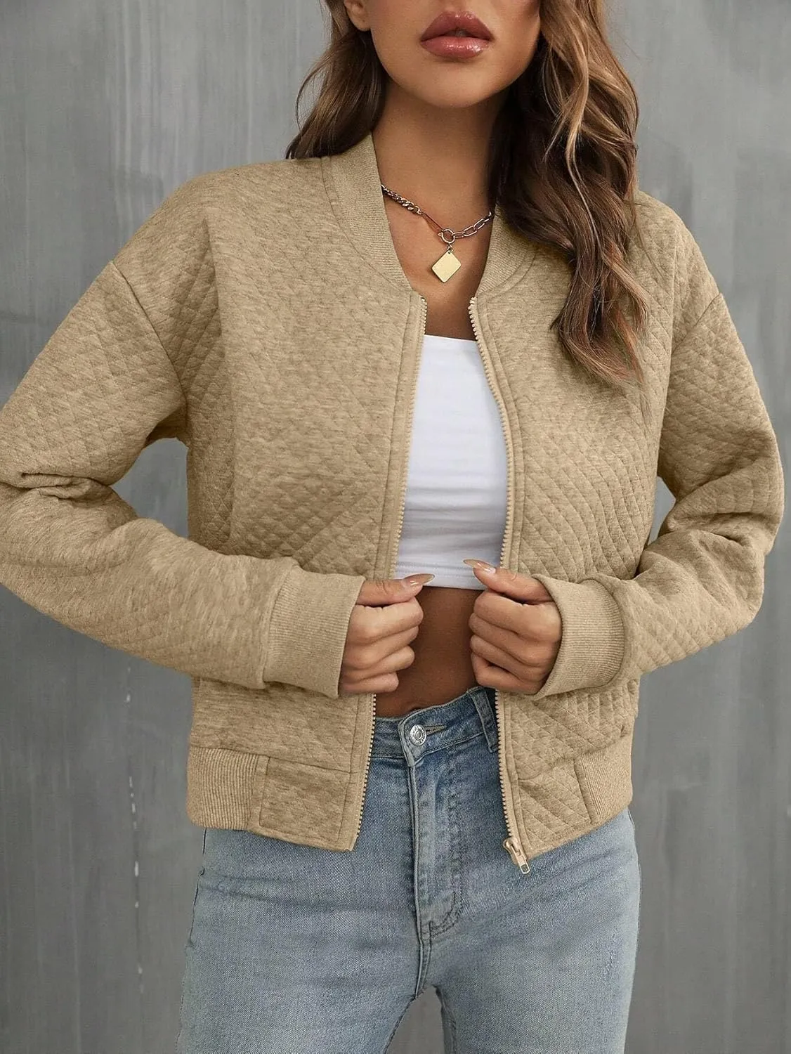 Casual jackets for women Solid Texture Baseball Collar Jacket,Zipper Drop Jackets