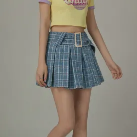 Check Pleated Big Belt Mini Skirt