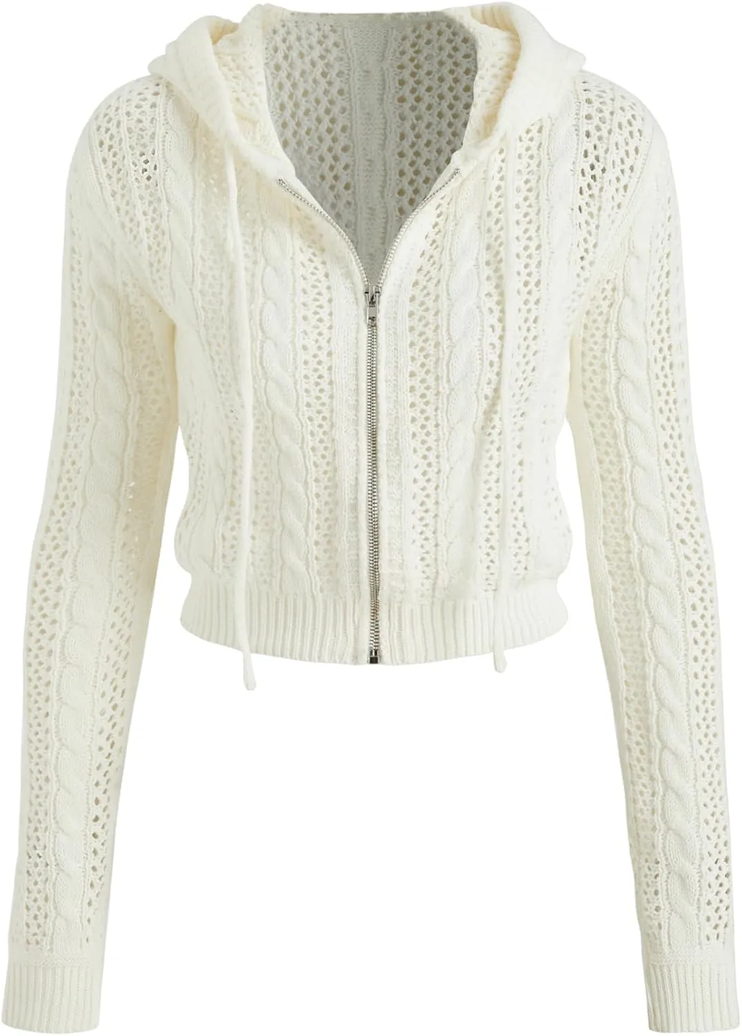 CIDER Womens Zip Up Hoodie Crop Top Hollow Out Knitted Long Sleeve Cardigan Jacket Sweatshirt