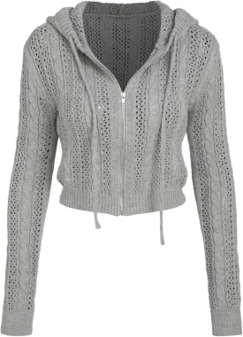 CIDER Womens Zip Up Hoodie Crop Top Hollow Out Knitted Long Sleeve Cardigan Jacket Sweatshirt
