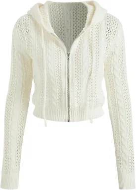 CIDER Womens Zip Up Hoodie Crop Top Hollow Out Knitted Long Sleeve Cardigan Jacket Sweatshirt