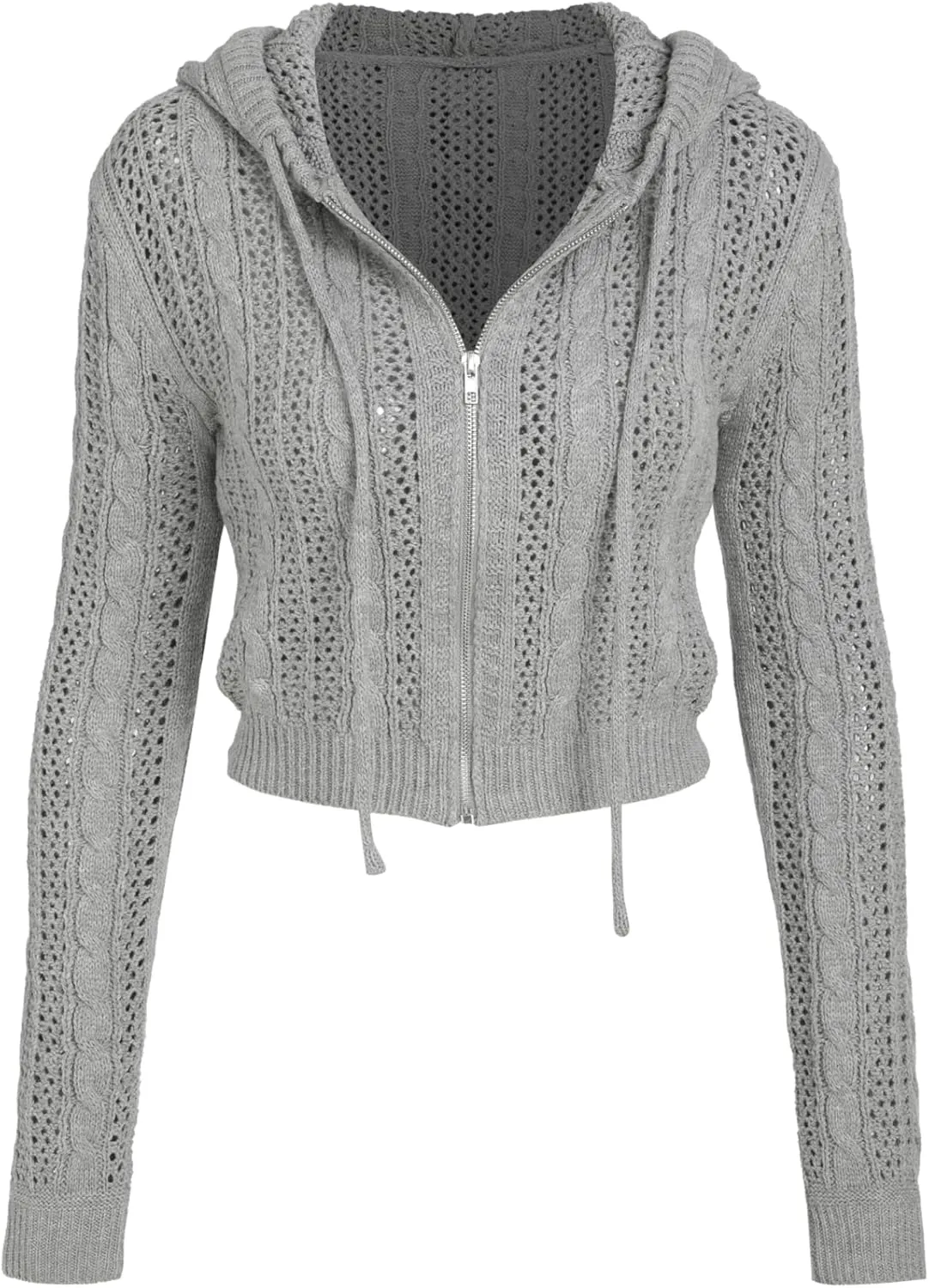 CIDER Womens Zip Up Hoodie Crop Top Hollow Out Knitted Long Sleeve Cardigan Jacket Sweatshirt
