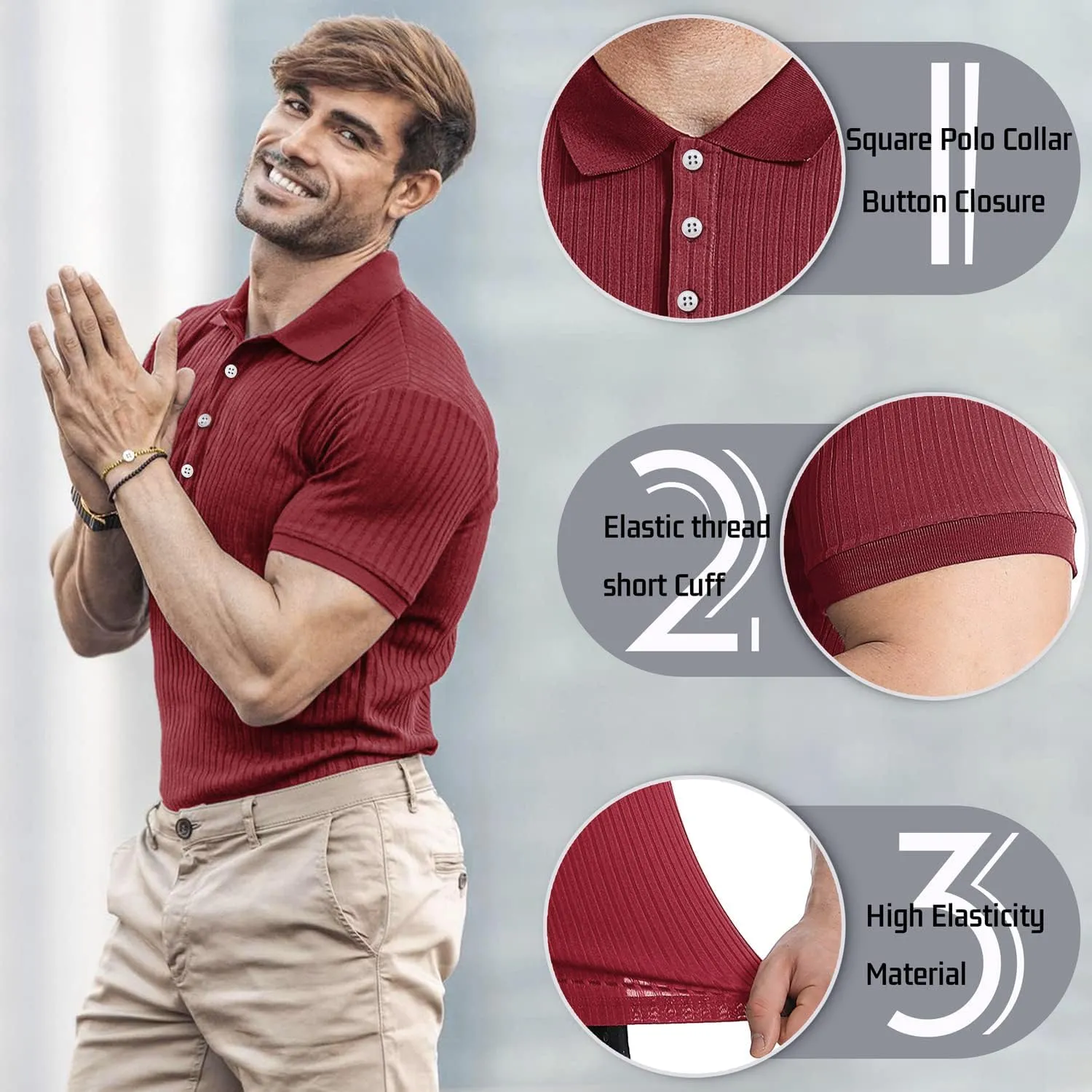 Collared Muscle Polo Shirts Men Slim Fit Textured Knit Polo Shirts Short Sleeve Button Down Shirts Casual Stylish