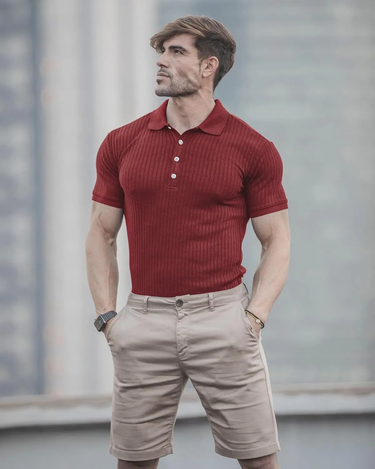 Collared Muscle Polo Shirts Men Slim Fit Textured Knit Polo Shirts Short Sleeve Button Down Shirts Casual Stylish