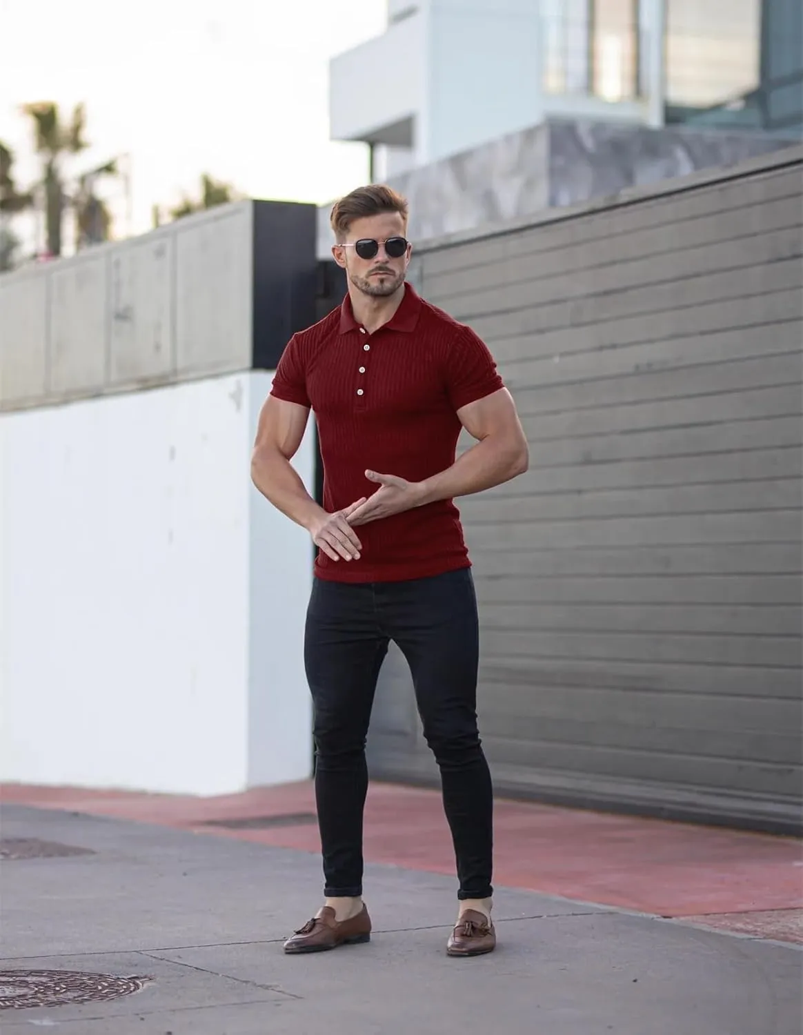 Collared Muscle Polo Shirts Men Slim Fit Textured Knit Polo Shirts Short Sleeve Button Down Shirts Casual Stylish