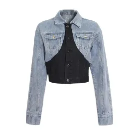 Colorblock Patchwork Single Breasted Casual Denim Jacket For Women Lapel Long Sleeve Fashion Vintage Short Coat Female