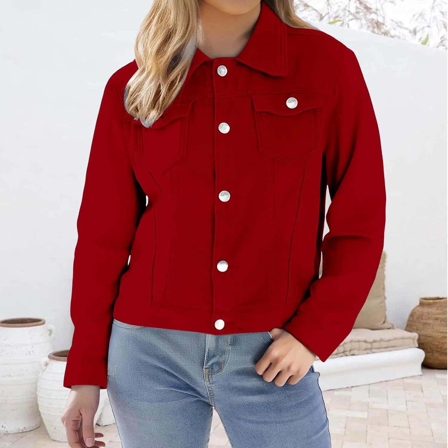 Cropped Denim Jacket for Women Lightweight Basic Button Down Stretch Fitted Long Sleeves Jean Jacket with Pockets