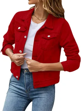 Cropped Denim Jacket for Women Lightweight Basic Button Down Stretch Fitted Long Sleeves Jean Jacket with Pockets