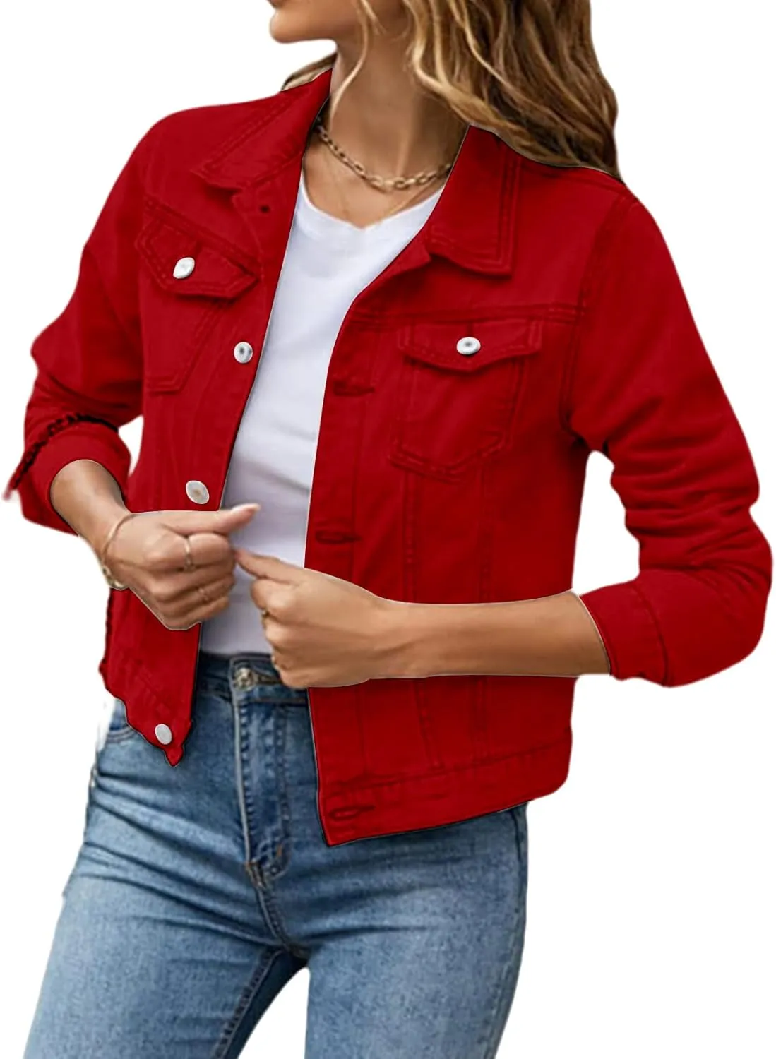 Cropped Denim Jacket for Women Lightweight Basic Button Down Stretch Fitted Long Sleeves Jean Jacket with Pockets