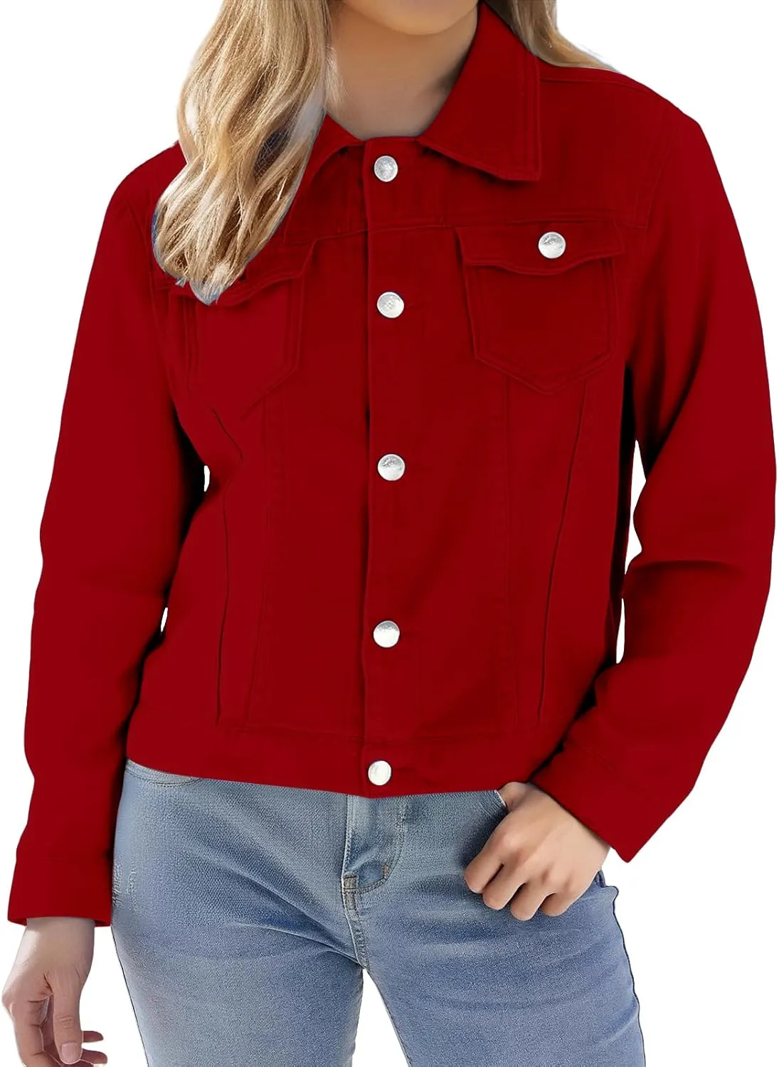 Cropped Denim Jacket for Women Lightweight Basic Button Down Stretch Fitted Long Sleeves Jean Jacket with Pockets