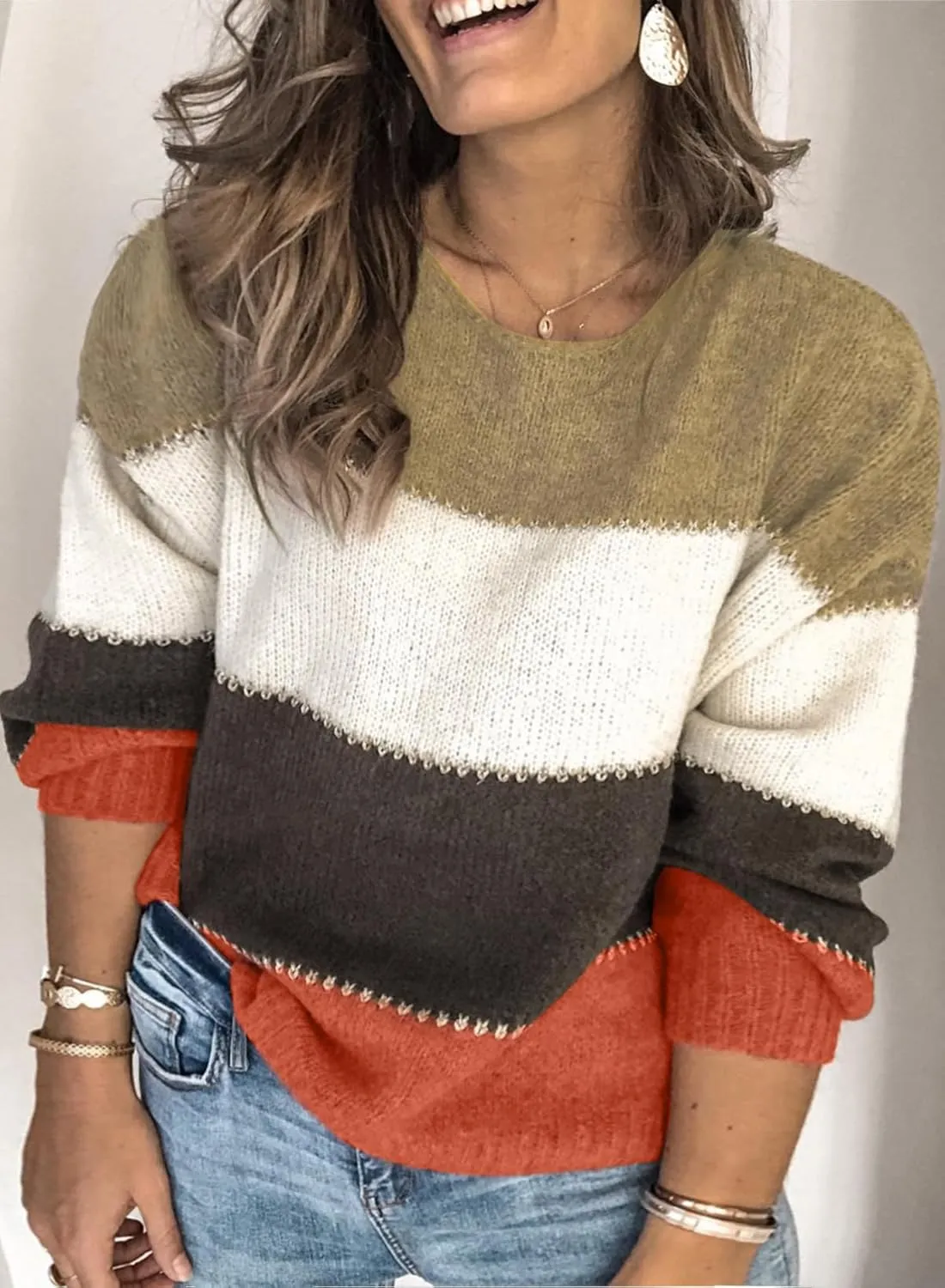 Eytino Womens Plus Size Sweaters Casual Long Sleeve Crewneck Color Block Knit Pullover Jumper Tops(1X-5X)