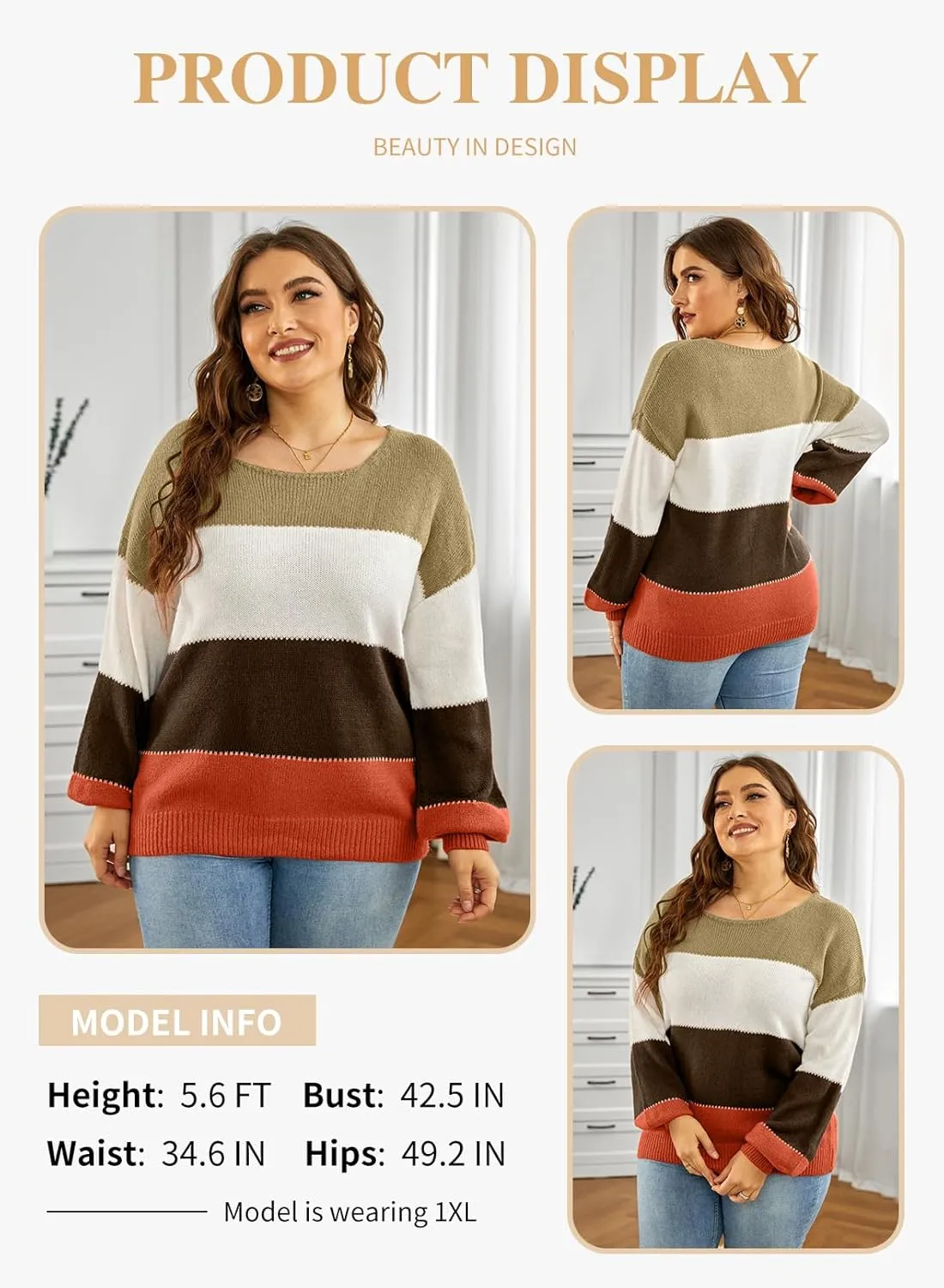 Eytino Womens Plus Size Sweaters Casual Long Sleeve Crewneck Color Block Knit Pullover Jumper Tops(1X-5X)