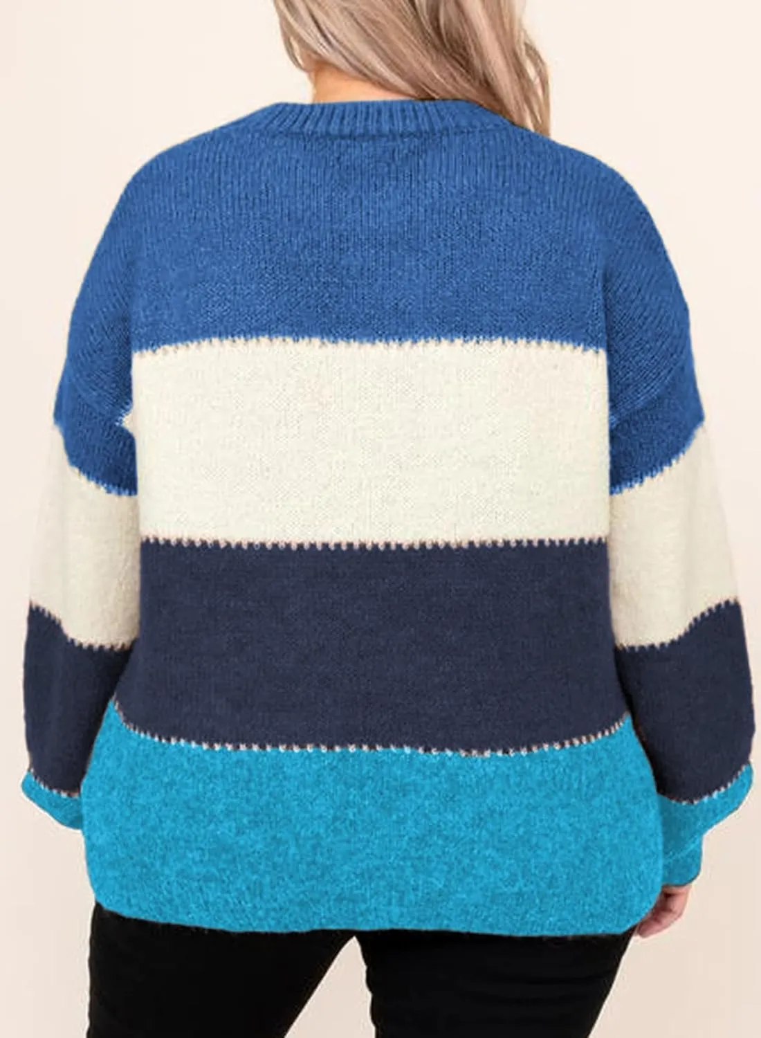 Eytino Womens Plus Size Sweaters Casual Long Sleeve Crewneck Color Block Knit Pullover Jumper Tops(1X-5X)