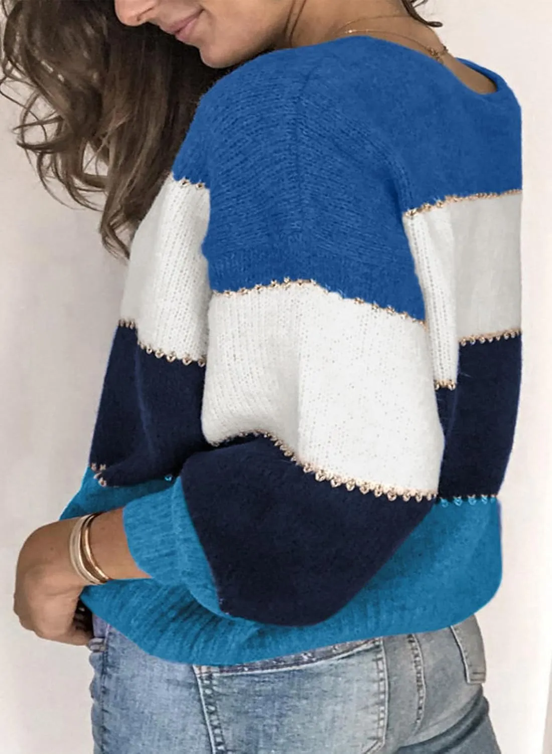 Eytino Womens Plus Size Sweaters Casual Long Sleeve Crewneck Color Block Knit Pullover Jumper Tops(1X-5X)