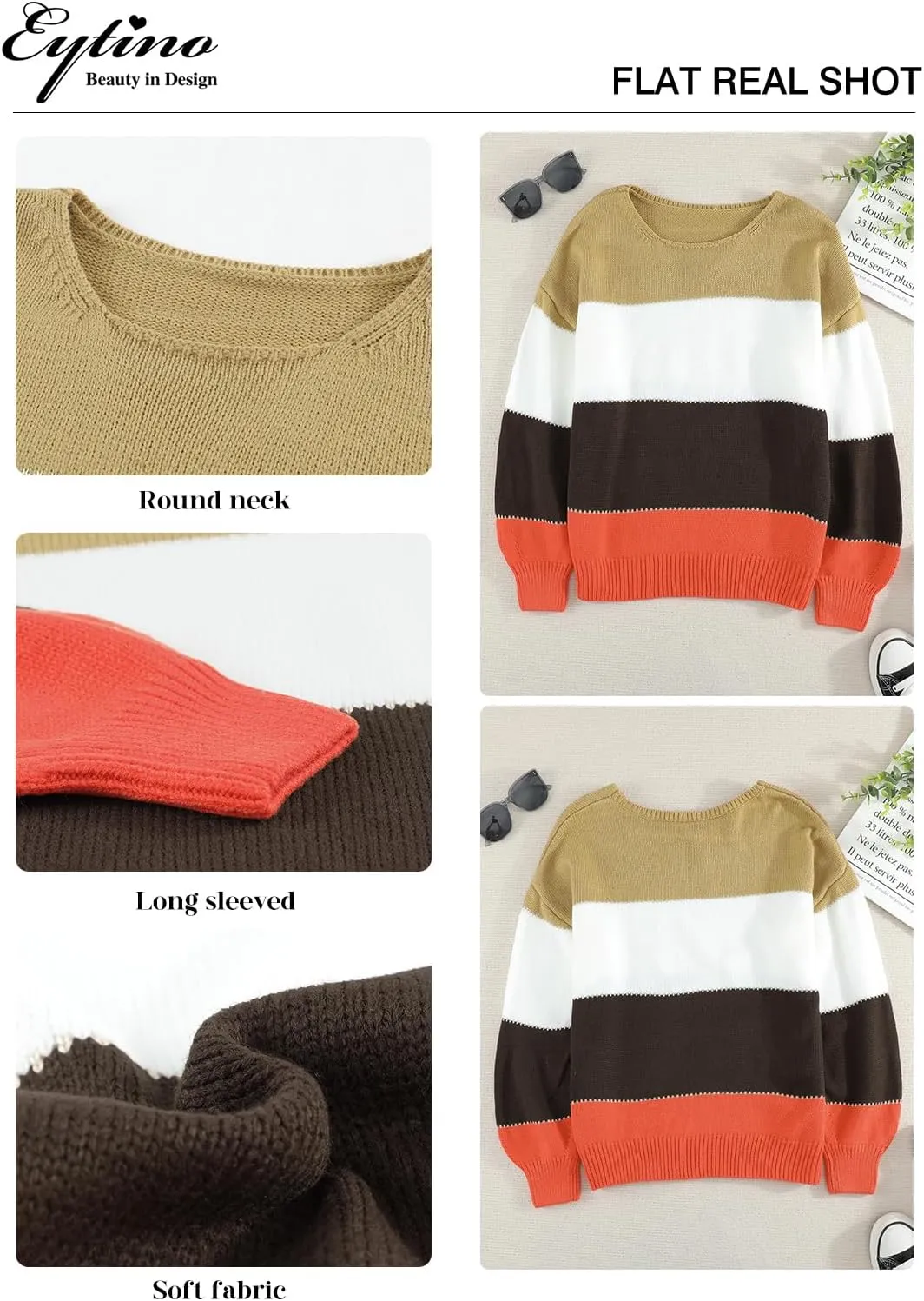 Eytino Womens Plus Size Sweaters Casual Long Sleeve Crewneck Color Block Knit Pullover Jumper Tops(1X-5X)