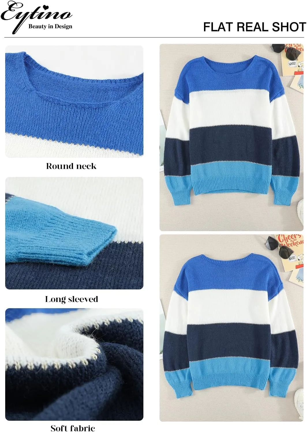 Eytino Womens Plus Size Sweaters Casual Long Sleeve Crewneck Color Block Knit Pullover Jumper Tops(1X-5X)