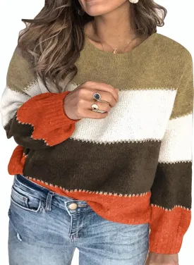 Eytino Womens Plus Size Sweaters Casual Long Sleeve Crewneck Color Block Knit Pullover Jumper Tops(1X-5X)