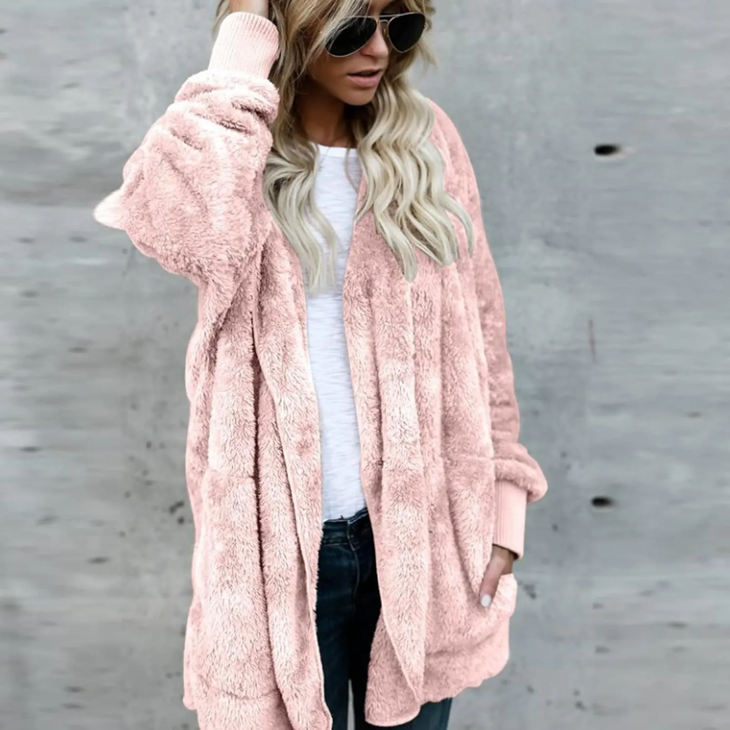 Fleece Jackets for Women Fuzzy Open Front Oversized Cardigan Hooded Sherpa Jacket Fluffy Winter Coats with Pockets