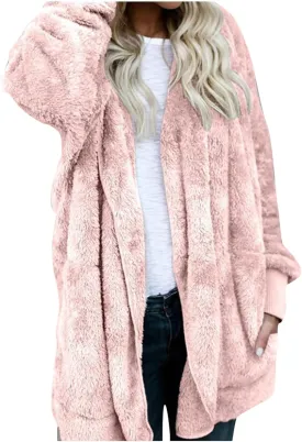 Fleece Jackets for Women Fuzzy Open Front Oversized Cardigan Hooded Sherpa Jacket Fluffy Winter Coats with Pockets
