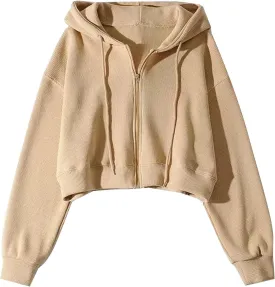 Flygo Women's Waffle Knit Cropped Zip Up Hoodie Vintage Long Sleeve Sweatshirt Jacket with Hood