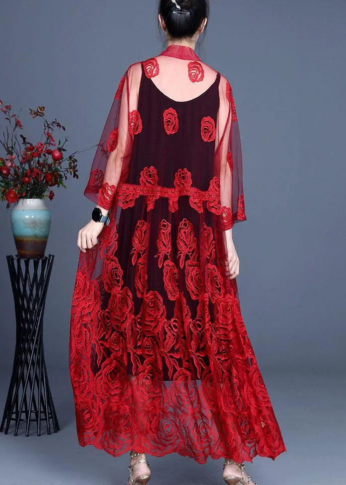 French Red Embroideried Tulle Cardigan Long