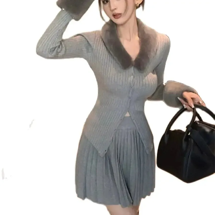 Girlary Spring Camping Knitwear Sweaters Women OL 2024 Chic Pleated Mini Skirts Suits Daily Office Lady High Street Elegant