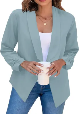 GRASWE Women's Open Front Button Casual Jacket Lapel Collared Summer Jacket Work Solid Long Sleeve Cardigan Jacket