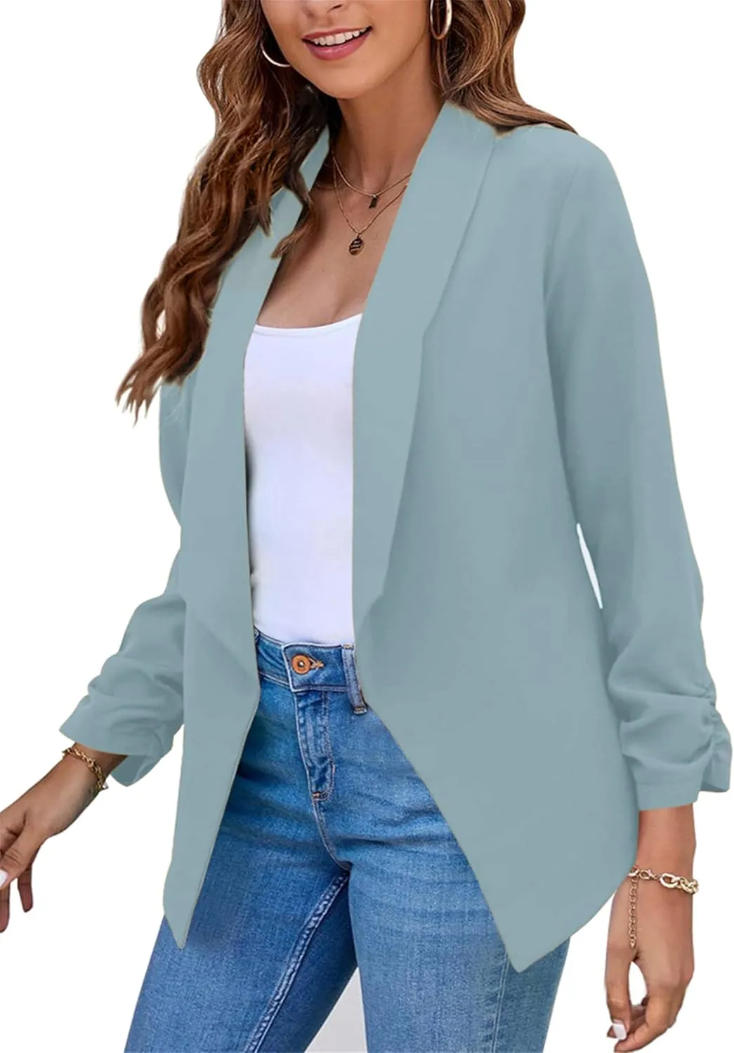 GRASWE Women's Open Front Button Casual Jacket Lapel Collared Summer Jacket Work Solid Long Sleeve Cardigan Jacket