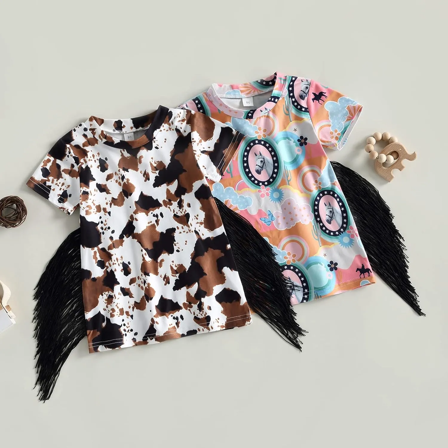 Gueuusu Toddler Baby Girl Western Dress Cow Print T Shirt Dress Boho Short Sleeve Fringe Dresses Kids Summer Clothes