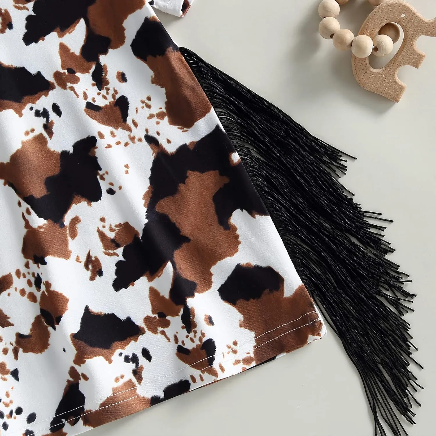Gueuusu Toddler Baby Girl Western Dress Cow Print T Shirt Dress Boho Short Sleeve Fringe Dresses Kids Summer Clothes