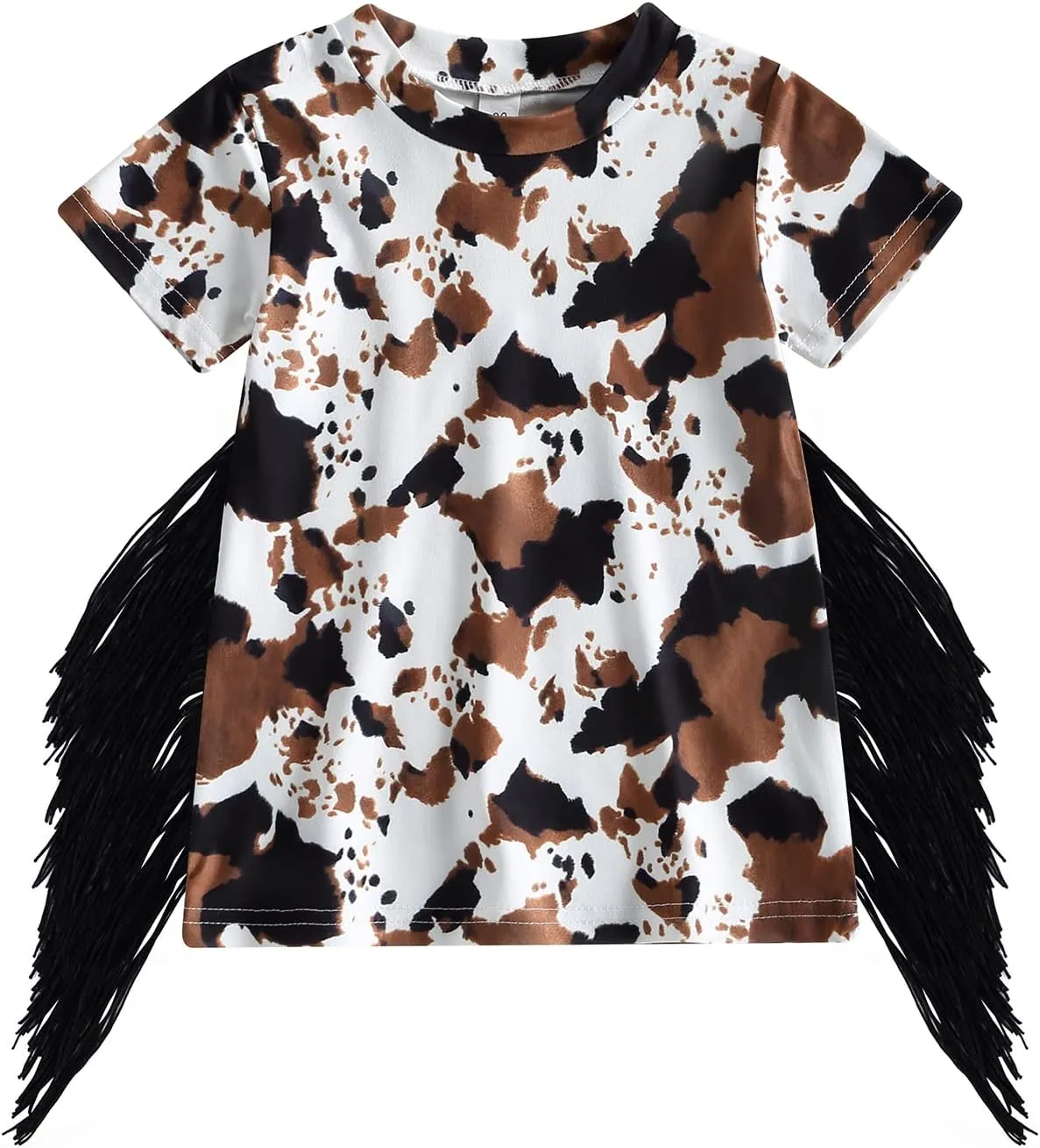 Gueuusu Toddler Baby Girl Western Dress Cow Print T Shirt Dress Boho Short Sleeve Fringe Dresses Kids Summer Clothes