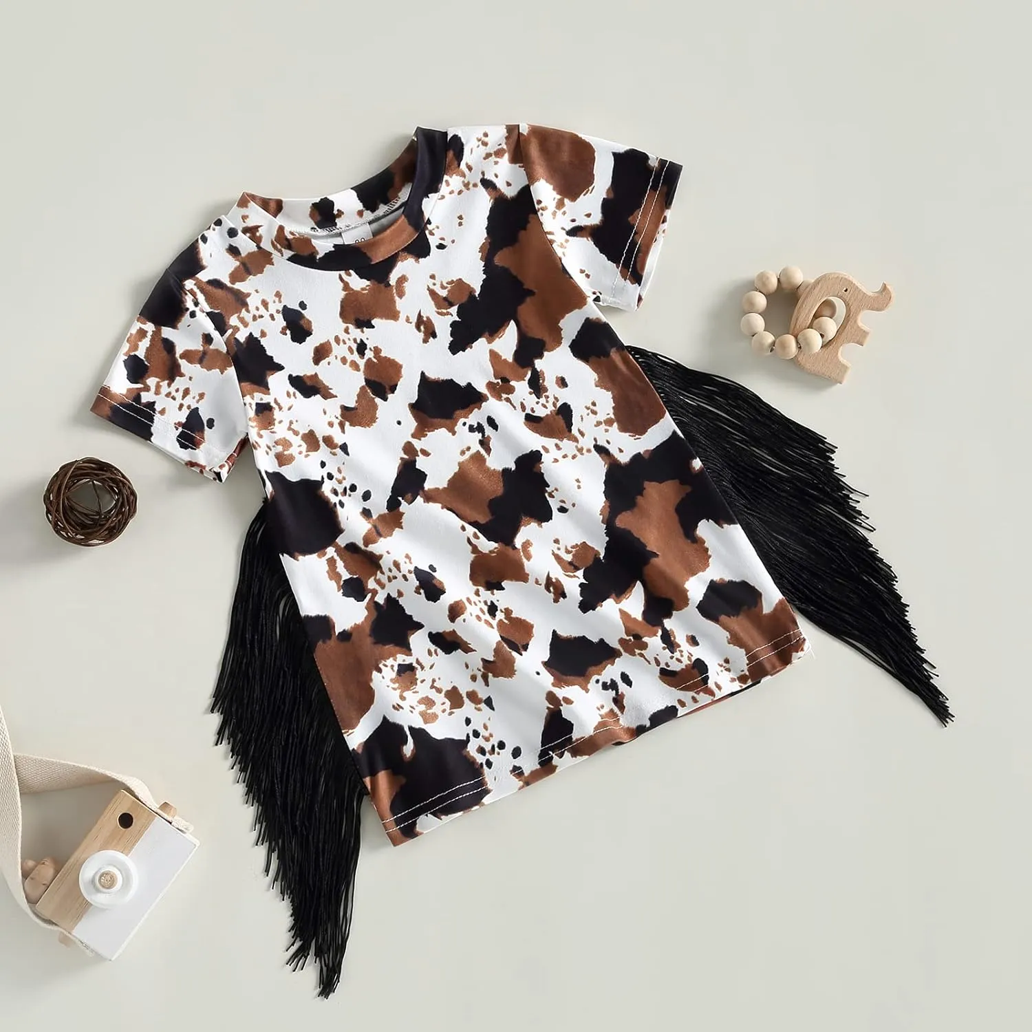 Gueuusu Toddler Baby Girl Western Dress Cow Print T Shirt Dress Boho Short Sleeve Fringe Dresses Kids Summer Clothes