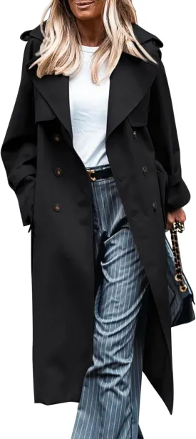 LILLUSORY Womens Double Breasted Long Trench Coat Dressy Overcoat with Belt Fall Winter Fashion Trendy Clothes Outfits 2025