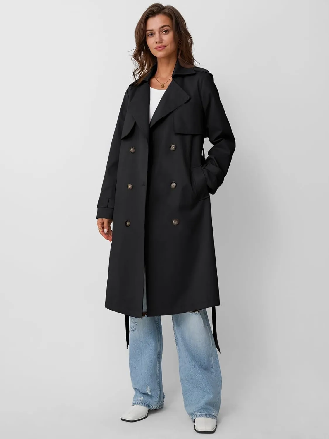 LILLUSORY Womens Double Breasted Long Trench Coat Dressy Overcoat with Belt Fall Winter Fashion Trendy Clothes Outfits 2025