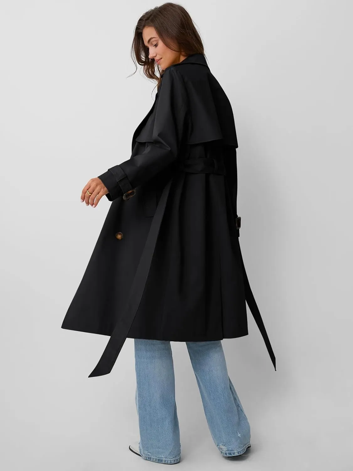 LILLUSORY Womens Double Breasted Long Trench Coat Dressy Overcoat with Belt Fall Winter Fashion Trendy Clothes Outfits 2025
