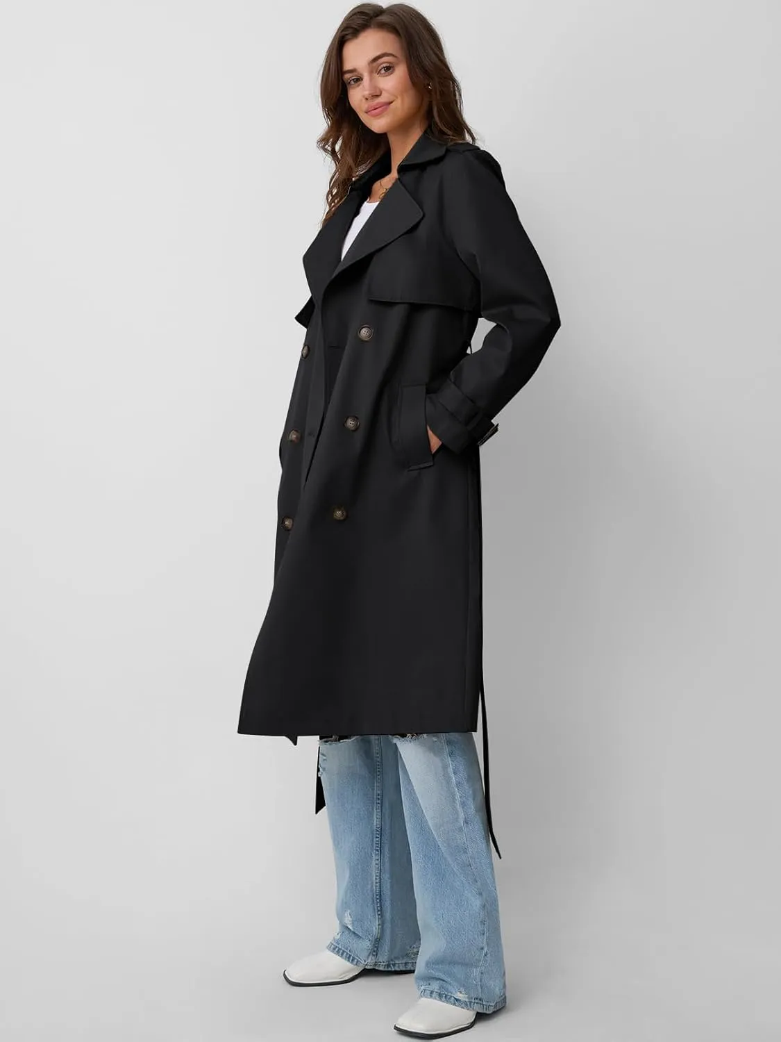 LILLUSORY Womens Double Breasted Long Trench Coat Dressy Overcoat with Belt Fall Winter Fashion Trendy Clothes Outfits 2025