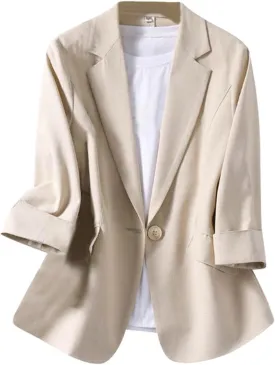 Linen Blazers for Women Lapel 3/4 Sleeve Suit Jackets Casual Dressy Work Blazer Lightweight Spring Summer Blazer