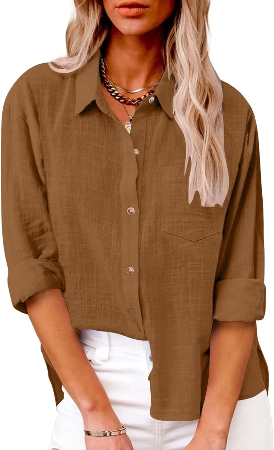 Linen Shirts for Women Summer Long Sleeve Lapel Button Down Shirt Lightweight Gauze Tops Loose Casual Blouses