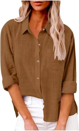 Linen Shirts for Women Summer Long Sleeve Lapel Button Down Shirt Lightweight Gauze Tops Loose Casual Blouses
