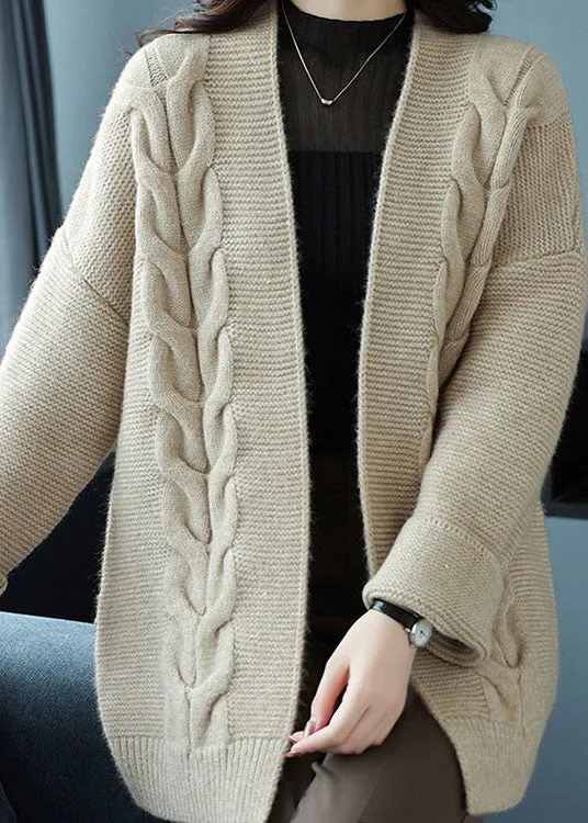 Loose Beige V Neck Patchwork Thick Wool Knit Cardigan Fall LY9144