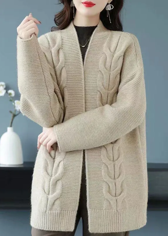 Loose Beige V Neck Patchwork Thick Wool Knit Cardigan Fall LY9144