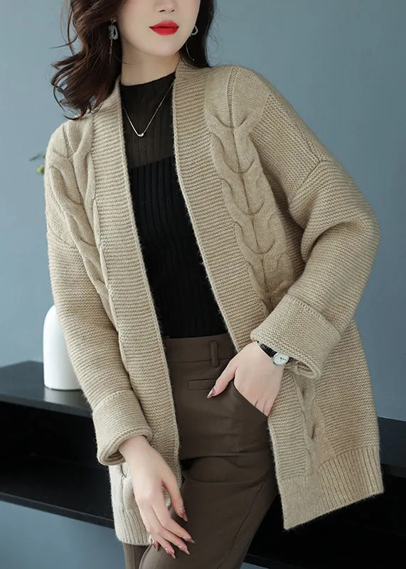 Loose Beige V Neck Patchwork Thick Wool Knit Cardigan Fall LY9144