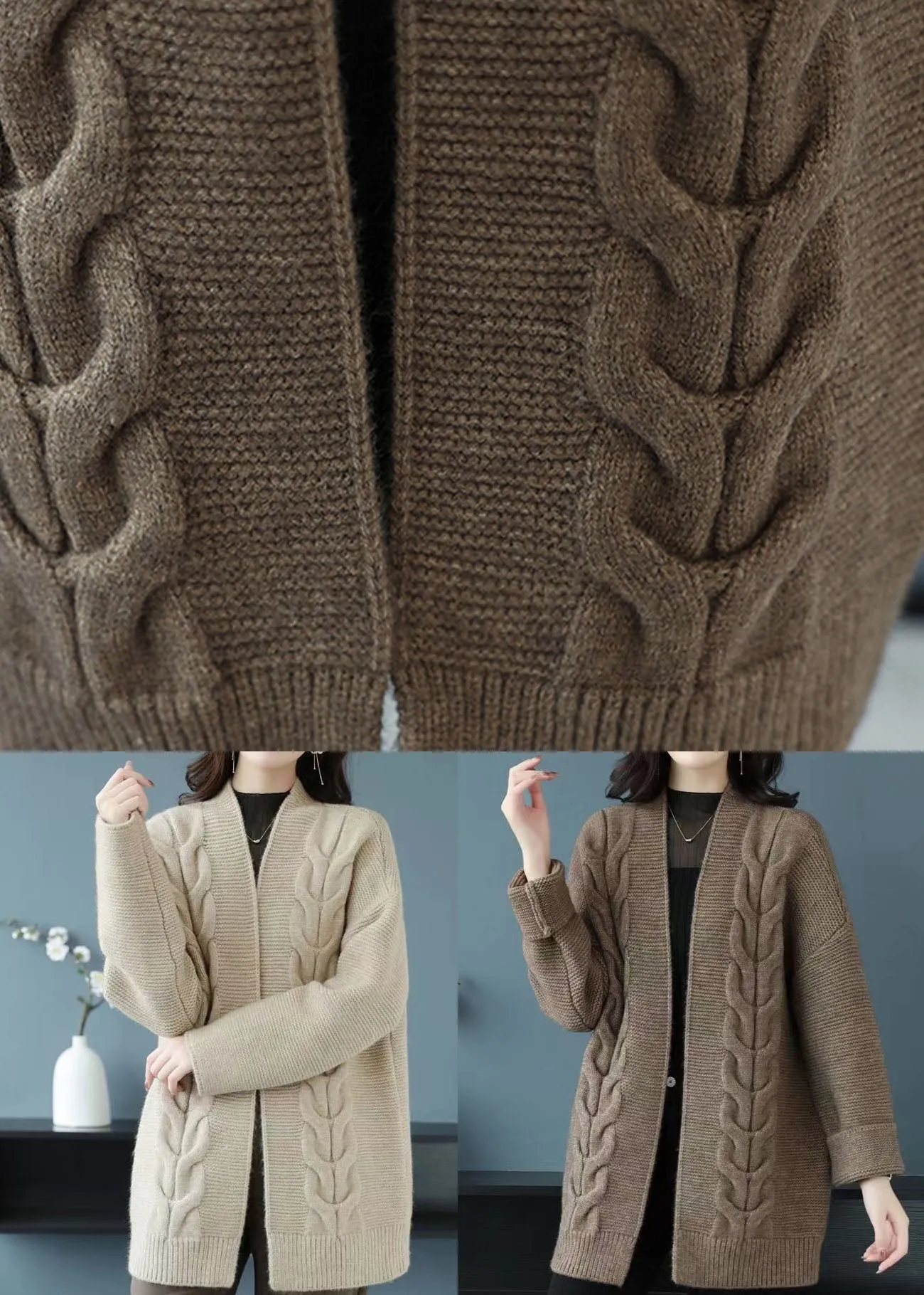 Loose Beige V Neck Patchwork Thick Wool Knit Cardigan Fall LY9144