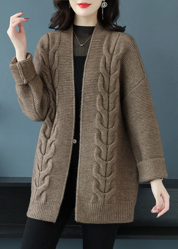 Loose Beige V Neck Patchwork Thick Wool Knit Cardigan Fall LY9144